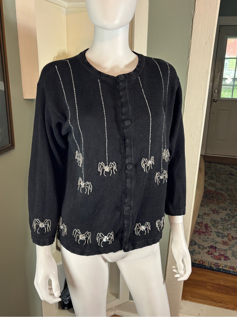 Vintage 90s/Y2K Arriviste Black Spider Bead Sequin Halloween Cardigan Sweater XL